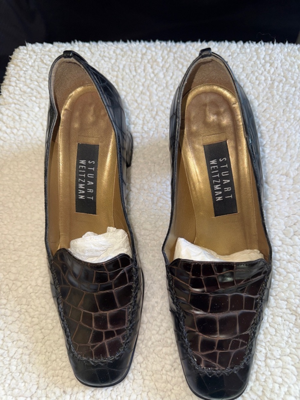 Stuart Weitzman Brown Croc-Embossed Leather Loafers